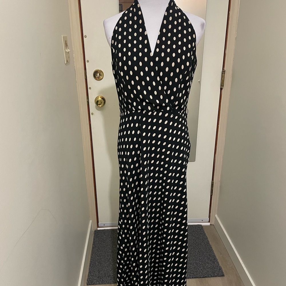 Elegant Black Halter Maxi Dress with White Polka Dots